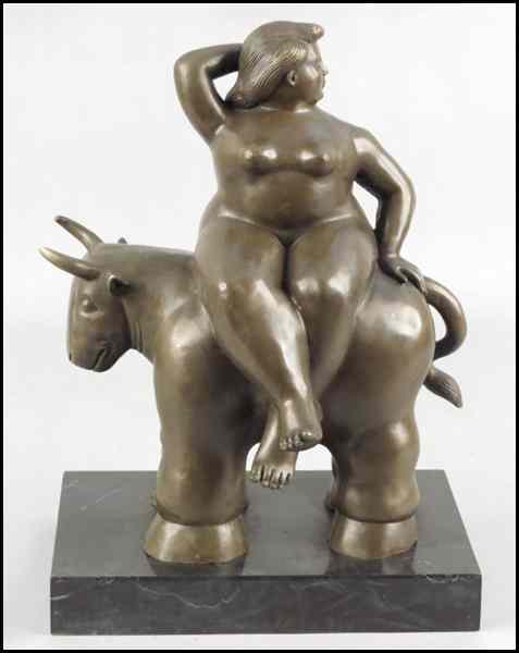 Appraisal: PATINATED BRONZE FIGURE OF A WOMAN AND BULL Cast after