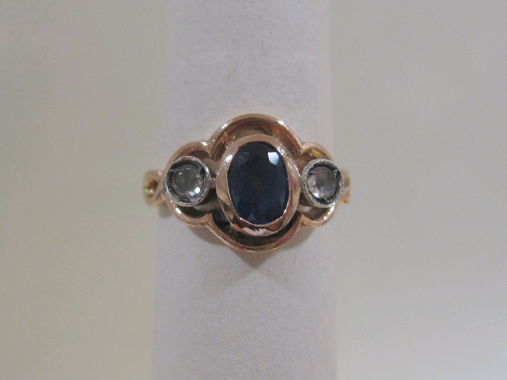 Appraisal: Fourteen carat rose gold sapphire and diamond three stone ring