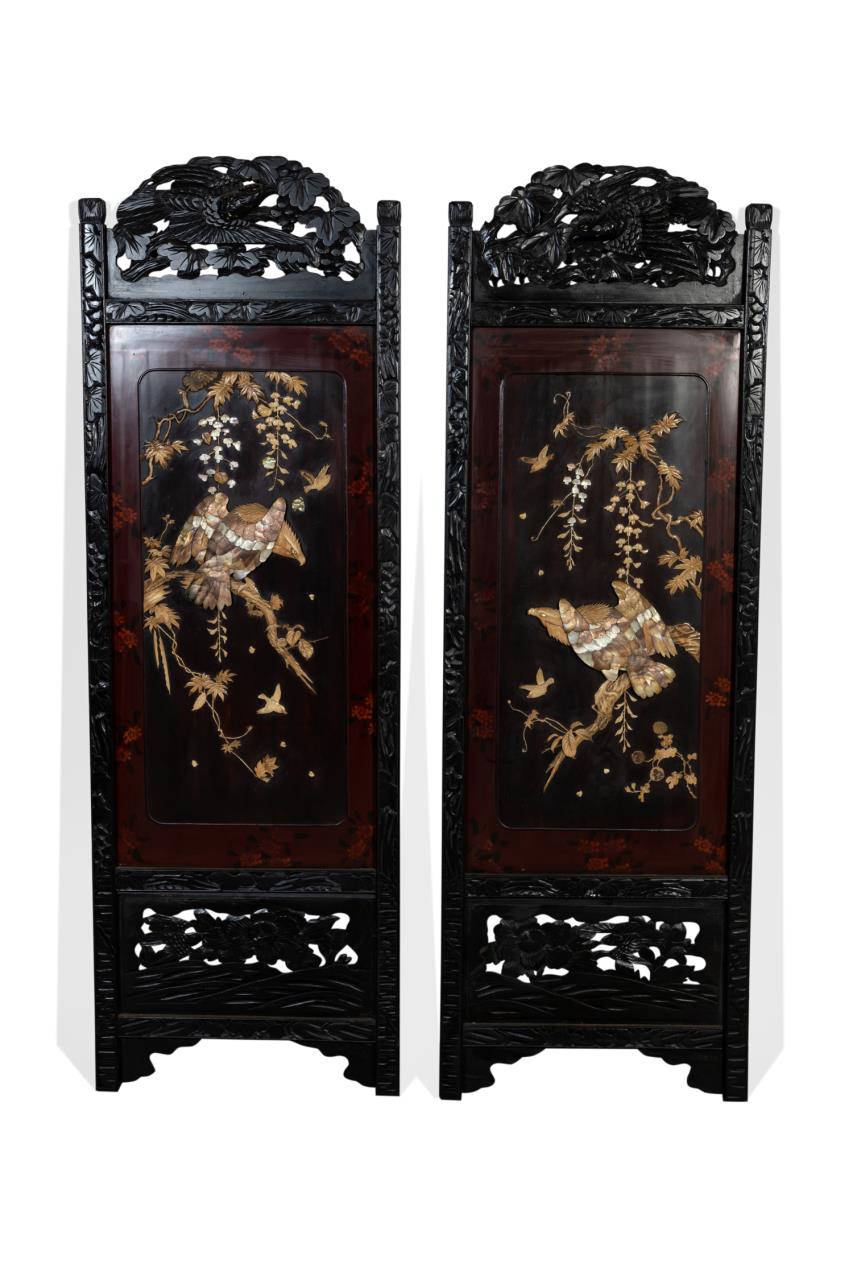 Appraisal: TWO JAPANESE INLAID EAGLE SCREEN PANELS Two Japanese inlaid eagle