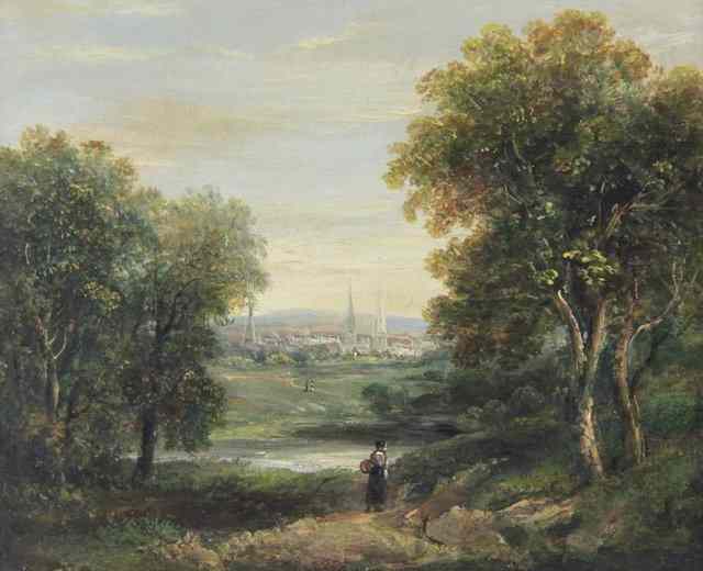 Appraisal: attributed to Crome Figure in a Wooded Landscape with town