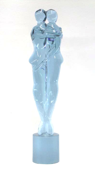 Appraisal: AQUA CLEAR GLASS FIGURAL SCULPTURE of two standing figures embracing