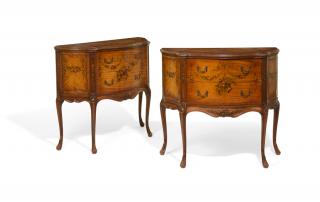 Appraisal: A PAIR OF SHERATON REVIVAL DECORATED SATINWOOD TWO-DRAWER COMMODES th