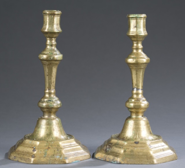 Appraisal: Pair of th c Brass Candlestick Holders Octagonal base Faint