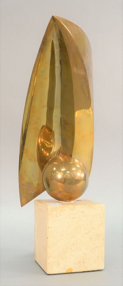 Appraisal: Abstract bronze sculpture ball and wing form on squared marble