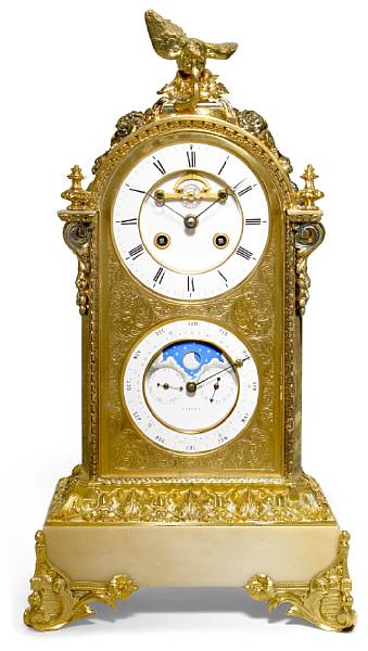 Appraisal: A gilt bronze and alabaster mantel calendar clock early th