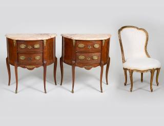 Appraisal: PAIR OF FRENCH PETITE COMMODES AND A SLIPPER CHAIR th