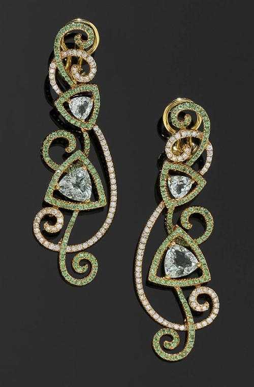 Appraisal: TSAVORITE PRASIOLITE AND BRILLIANT-CUT DIAMOND EARRINGS Ros gold Very decorative