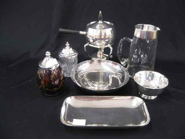 Appraisal: pcs Silverplate Items pitcher with silver trim jars bowls warming