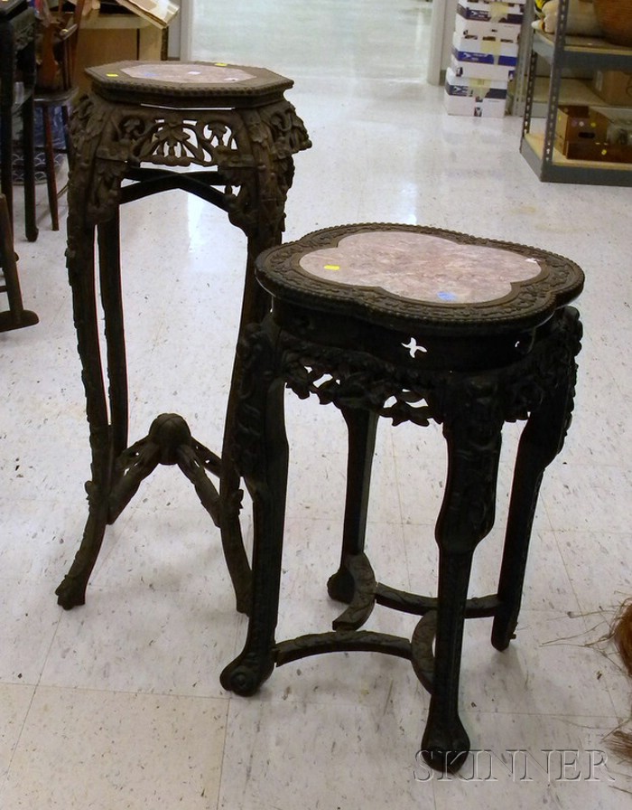 Appraisal: Two Chinese Export Marble-inset Carved Hardwood Stands one with damage