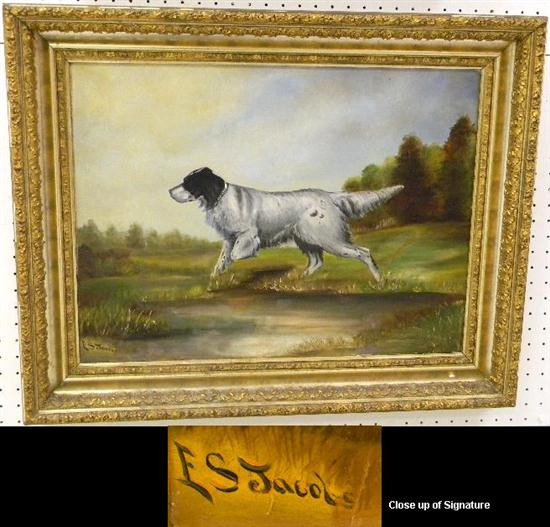 Appraisal: E S Jacobs oil on board of hunting dog signed