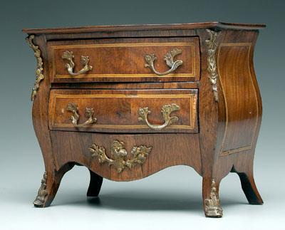 Appraisal: Miniature inlaid bomb commode figured wood with string inlay ormolu