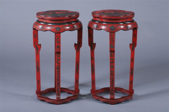 Appraisal: PAIR CHINESE RED LACQUER STANDS th century The quatrefoil top