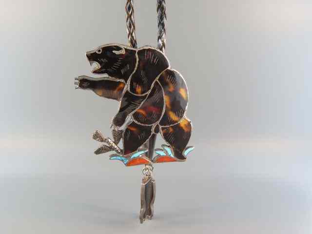 Appraisal: Indian Figural Sterling Silver Bolo tortoise shell inlaid bear with