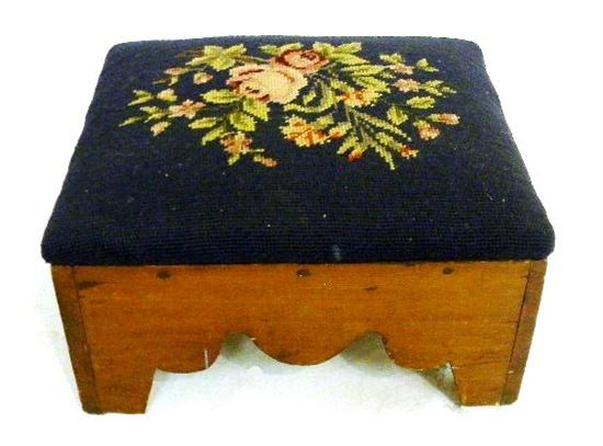 Appraisal: Foot stool pine base with scalloped skirt needlepoint upholstered top