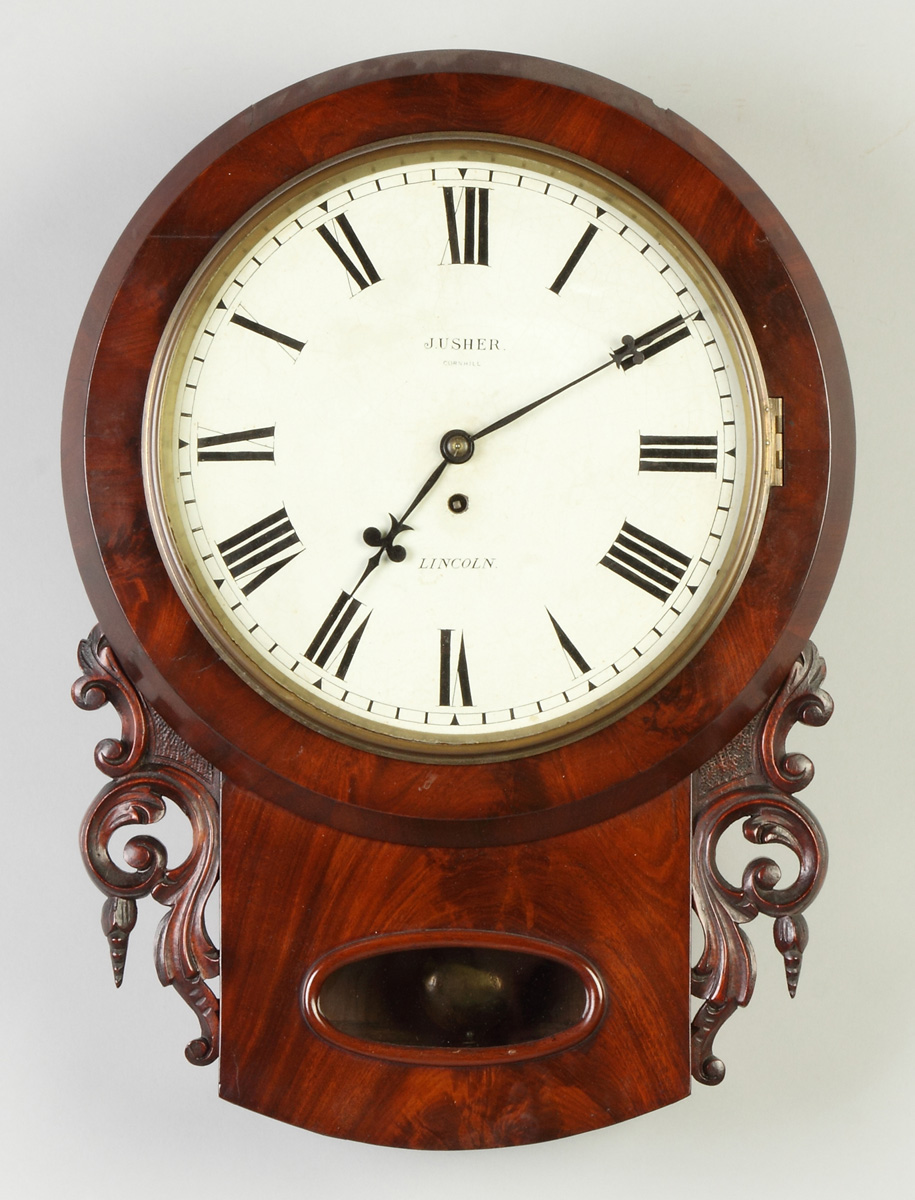 Appraisal: J Usher Corn Hill Lincoln Gallery Clock Carved figured mahogany