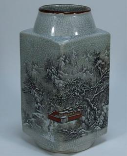 Appraisal: Chinese Crackle Glaze Snow Scene Cong Vase CHINA TH CENTURY