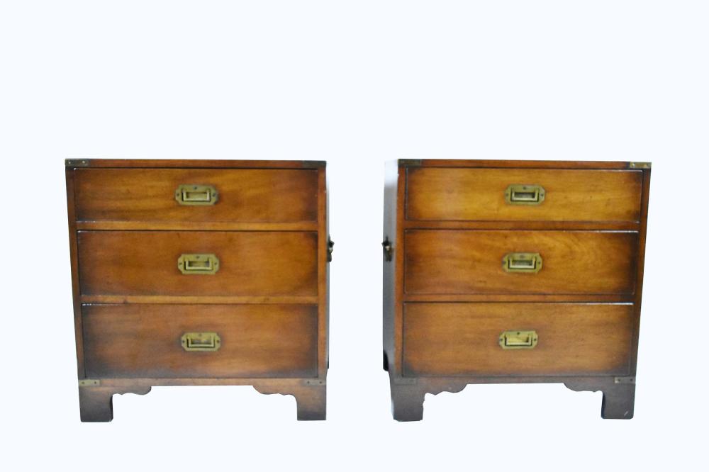 Appraisal: PAIR OF DIMINUTIVE MAHOGANY CAMPAIGNE CHESTSRectangular with three drawers each