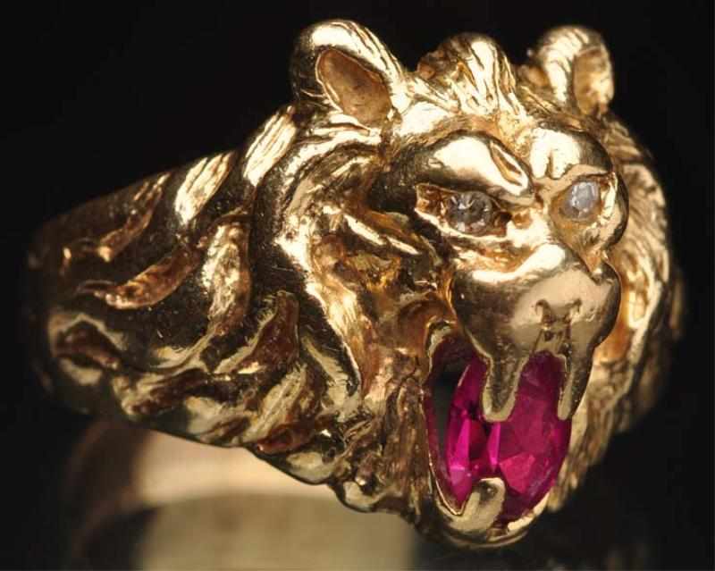 Appraisal: K Y Gold Lion Ring with Ruby in Mouth Diamond