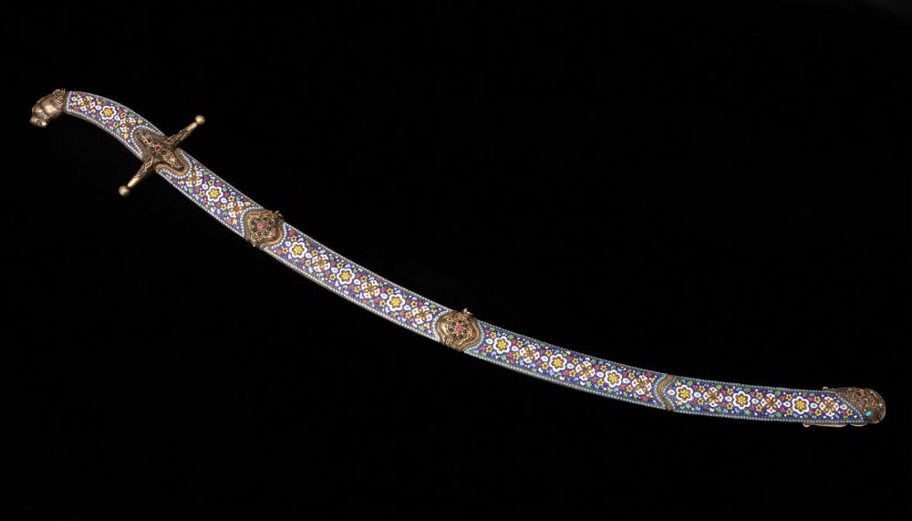 Appraisal: Russian Cossack-Style Cloisonne Niello and Parcel Gilt Double-Blade Shashka curved