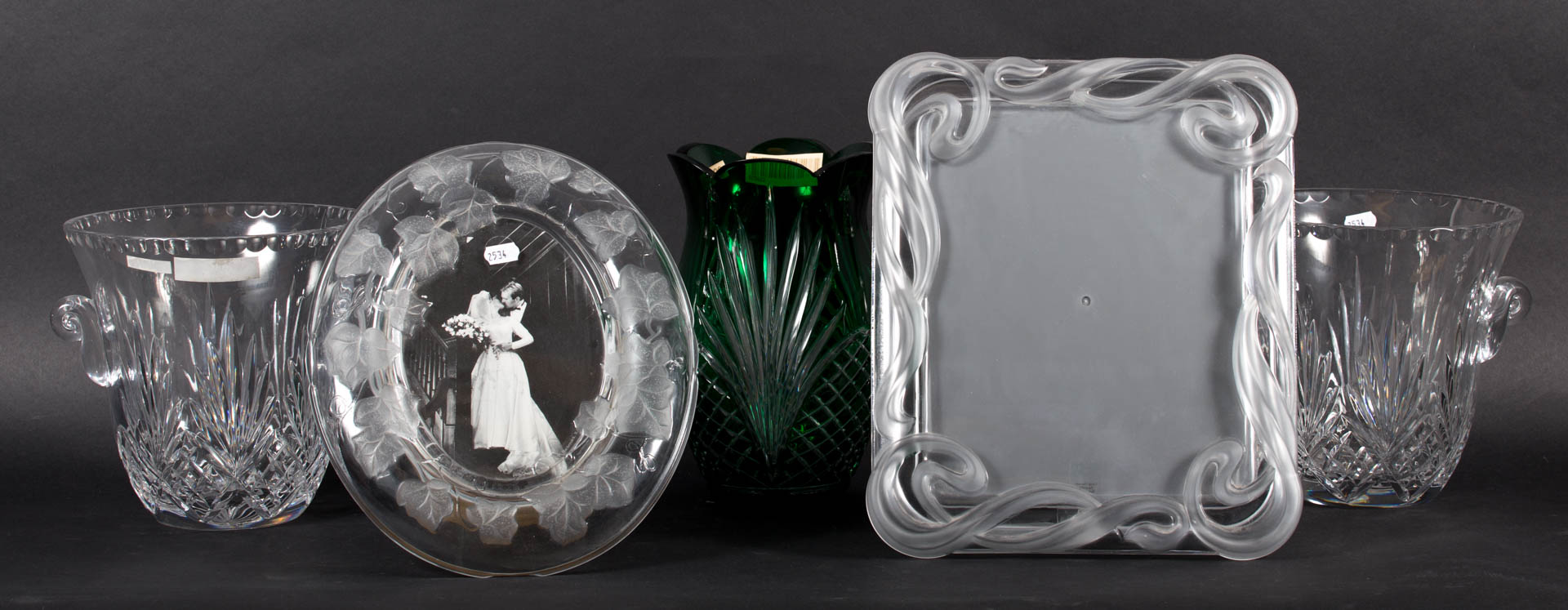 Appraisal: Five glass items including two photo frames two ice buckets