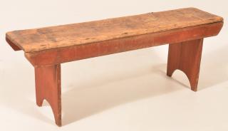 Appraisal: Softwood Mortised Leg Bench with Red Paint Pennsylvania th Century