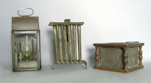 Appraisal: Three pcs of tin to include a punched wood frame