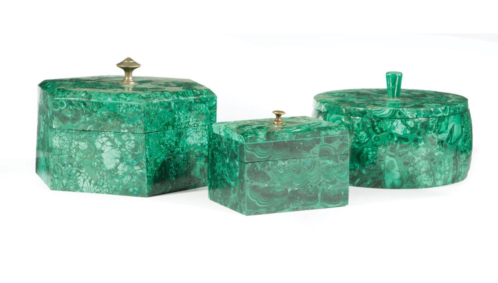 Appraisal: Three Malachite Dresser Boxes probably Russian incl rectangular circular and