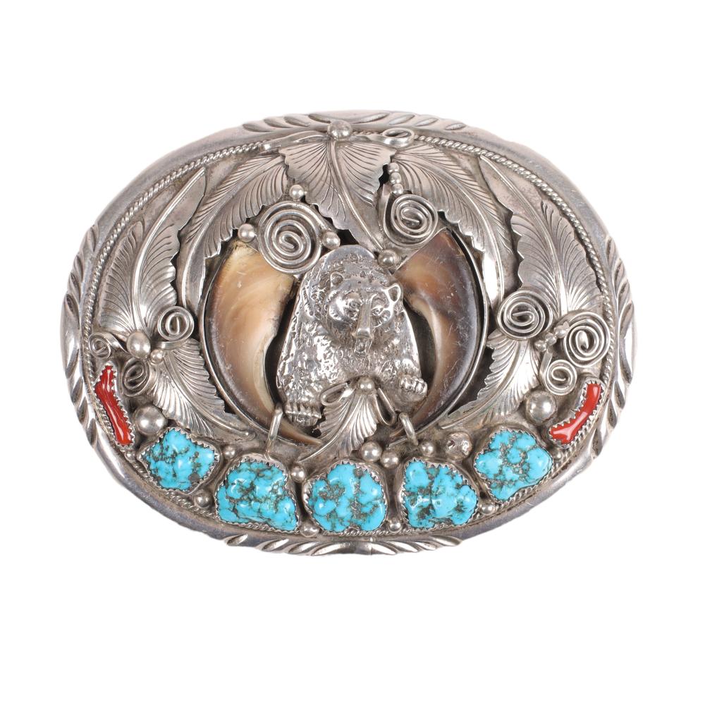 Appraisal: MIKE THOMAS JR STERLING SILVER TURQUOISE CORAL AND BEAR CLAW