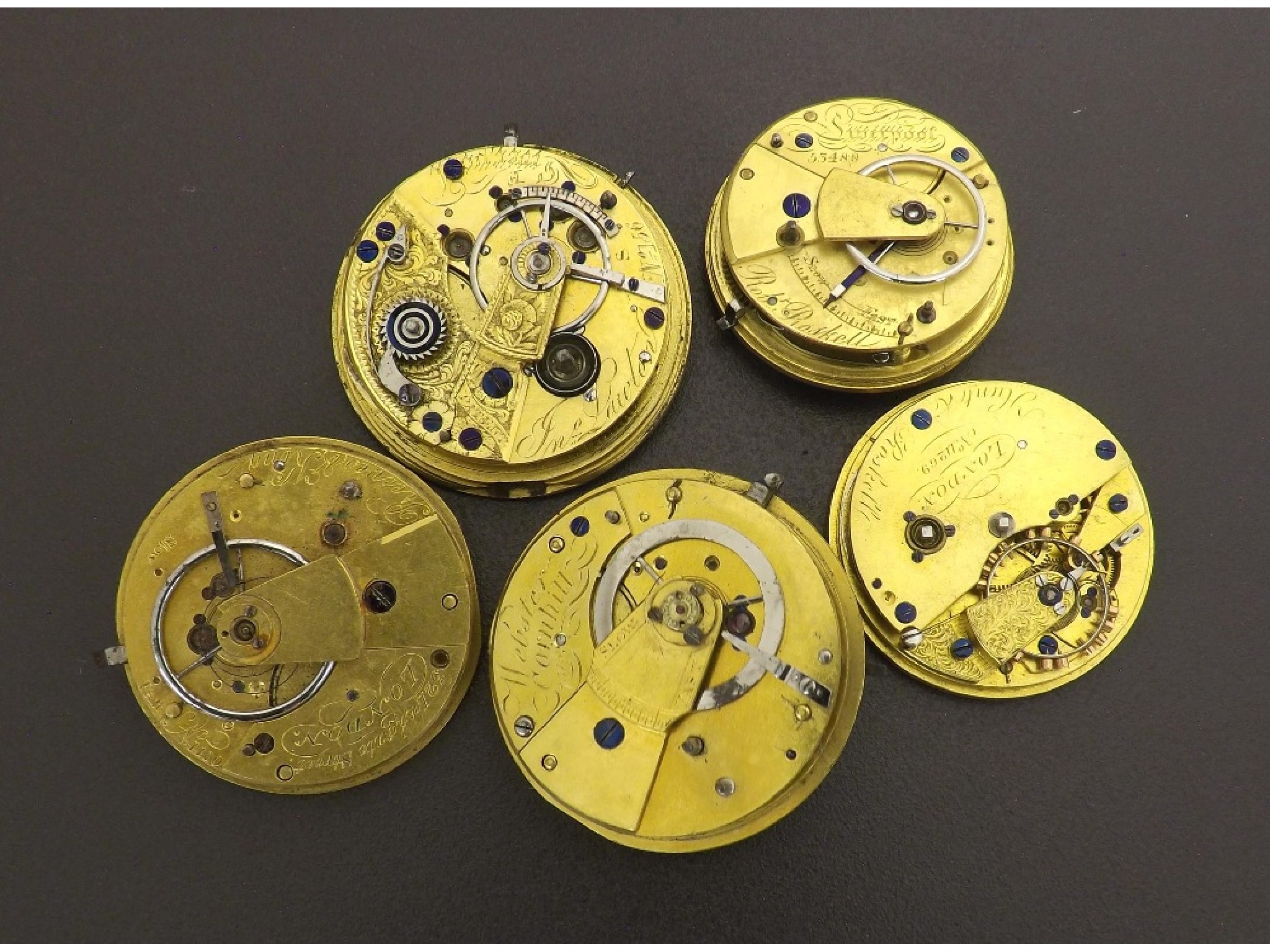 Appraisal: Five interesting pocket watch movements including a Robert Roskell Massey