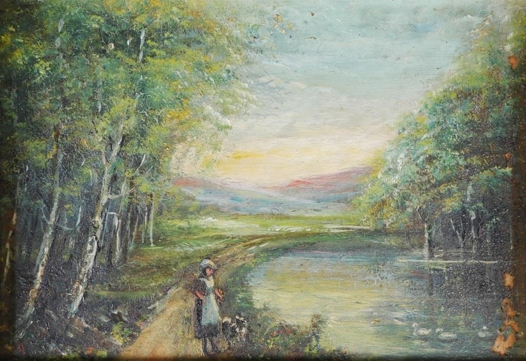 Appraisal: Small unsigned landscape painting on glass showing a girl and