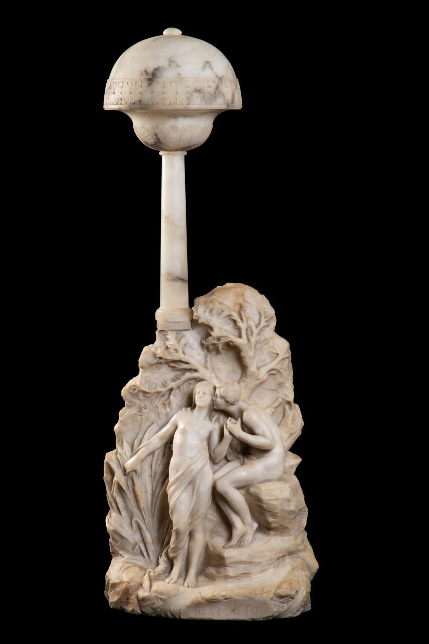 Appraisal: ITALIAN CARVED ALABASTER IL SEGRETO FIGURAL LAMP Carved alabaster figural