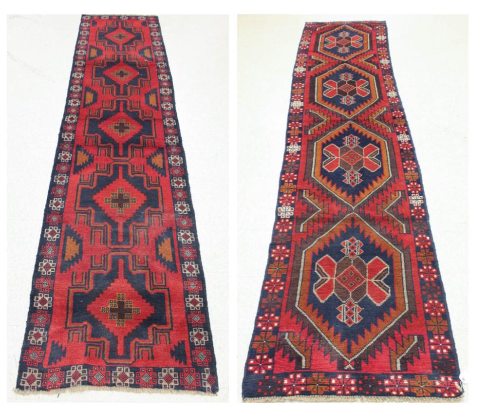 Appraisal: TWO SIMILAR HAND KNOTTED ORIENTAL RUNNERS Pakistani Persian tribals geometric