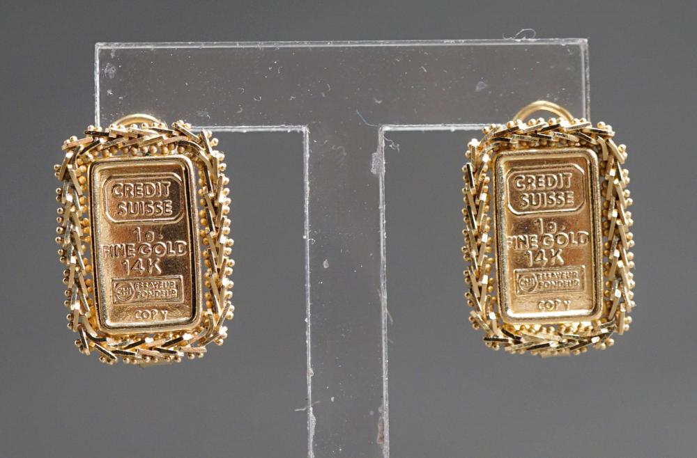 Appraisal: PAIR OF -KARAT YELLOW-GOLD AND 'CREDIT SUISSE' FRENCH CLIP BACK