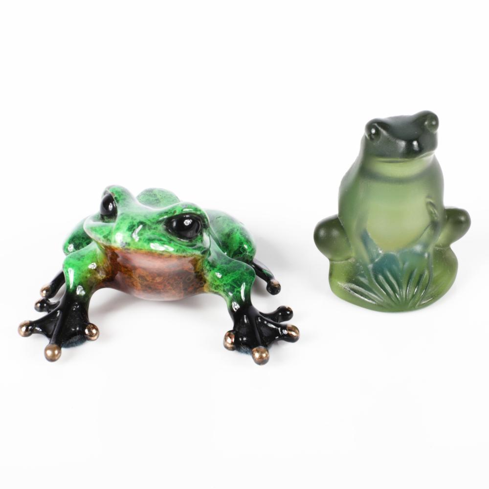 Appraisal: TWO FROG FIGURINES TIM COTTERILL BRONZE AND LALIQUE FRANCE GREEN