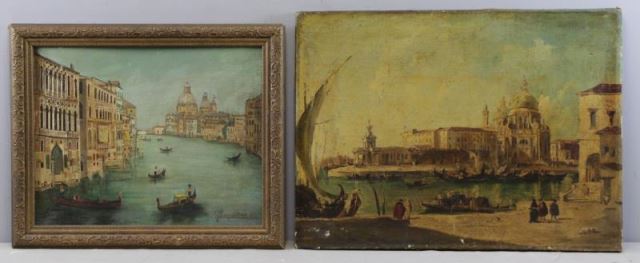 Appraisal: Two th C Oil on Canvas Venetian Scenes Signed oil