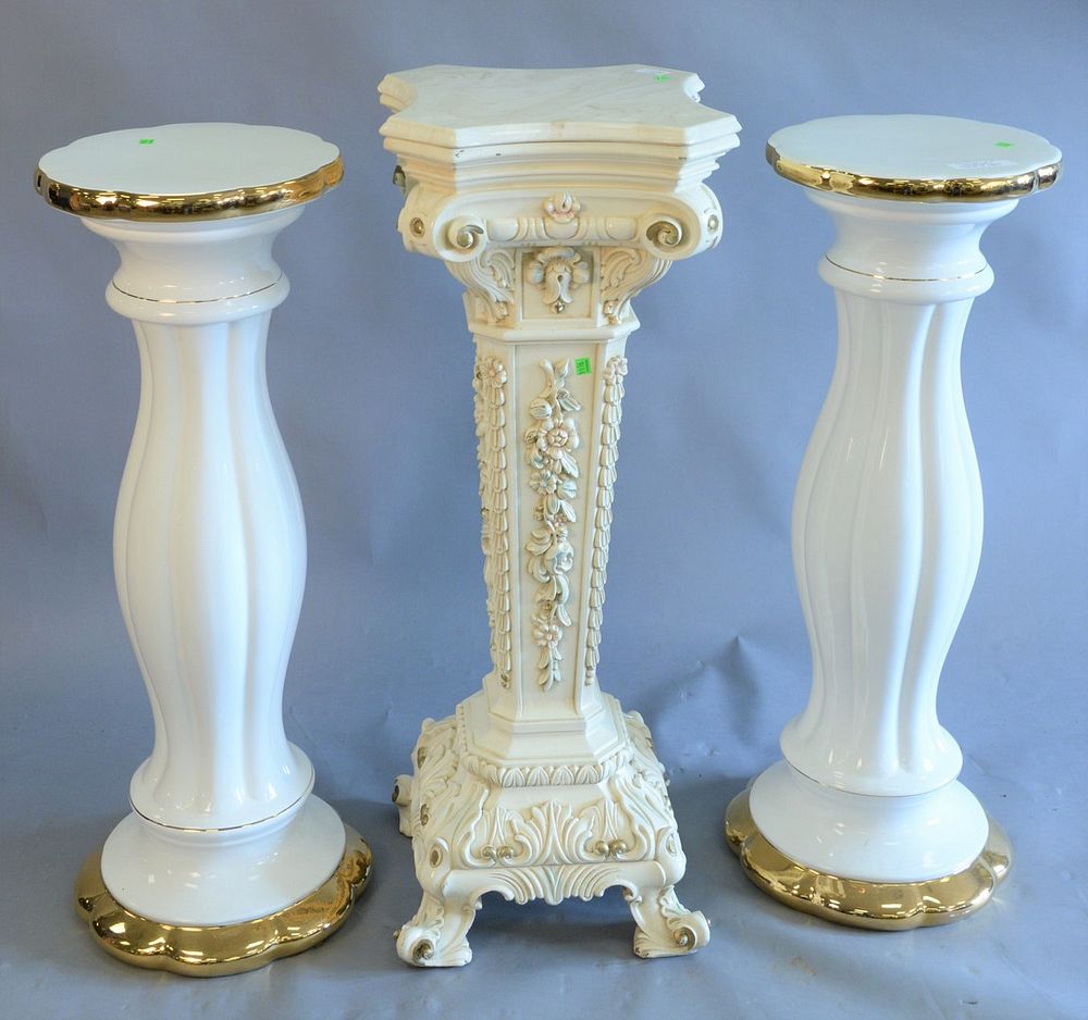 Appraisal: Three pedestals pair white porcelain with gold trim along with