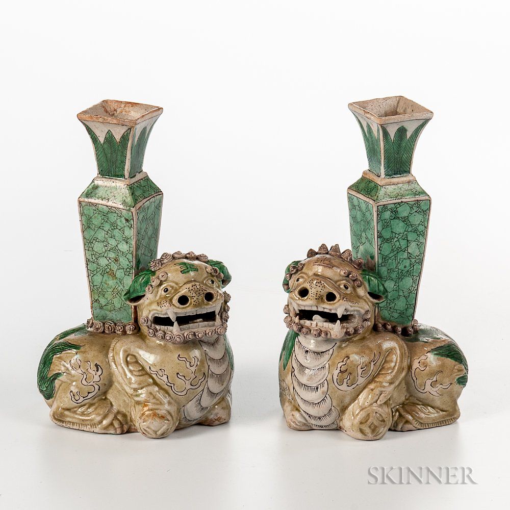 Appraisal: Pair of Famille Verte Foo Lion Incense Holders Pair of