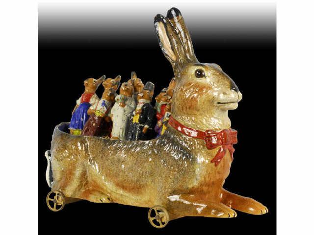 Appraisal: German Paper Mache Rabbit Skittles Set Description Nine dressed bunny