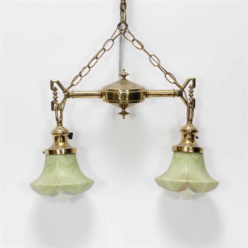 Appraisal: Art Nouveau brass hanging lamp with two green pulled-feather art