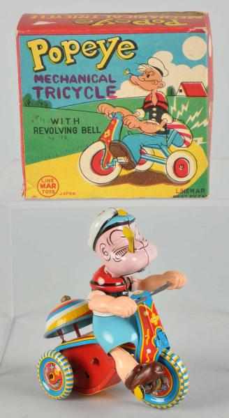 Appraisal: Tin Litho Linemar Popeye Tricycle Wind-Up Toy Description Japanese Working