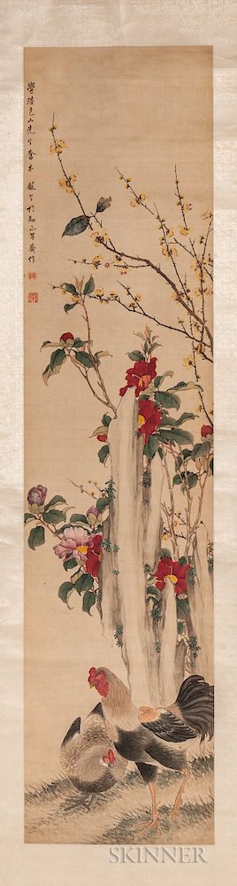 Appraisal: Hanging Scroll Depicting Peach Roses Hanging Scroll Depicting Peach Roses