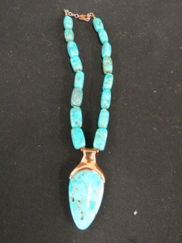 Appraisal: Turquoise Necklace beads and tear drop pendant gold on sterling