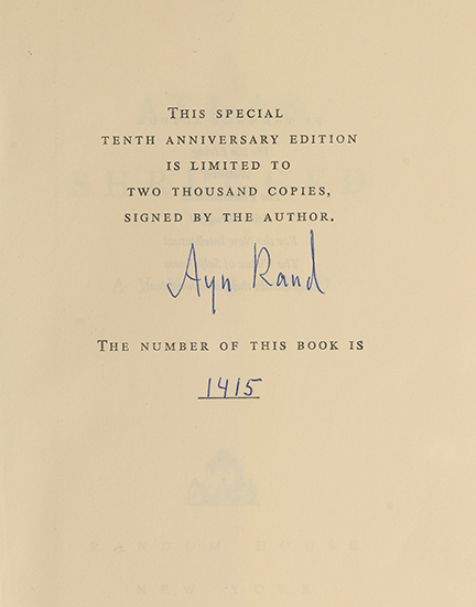 Appraisal: RAND AYN Atlas Shrugged Thick vo blue cloth gilt slipcase