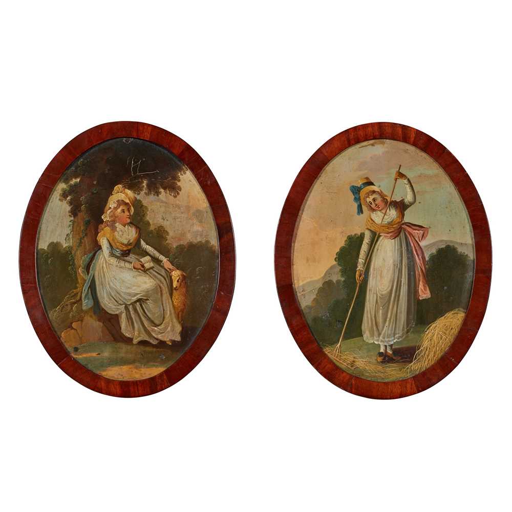 Appraisal: ENGLISH SCHOOL PAIR OF PAINTED MAHOGANY OVAL PANELS EARLY TH