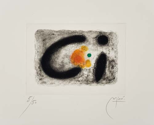 Appraisal: JOAN MIR Fus es Color aquatint with stencil coloring on