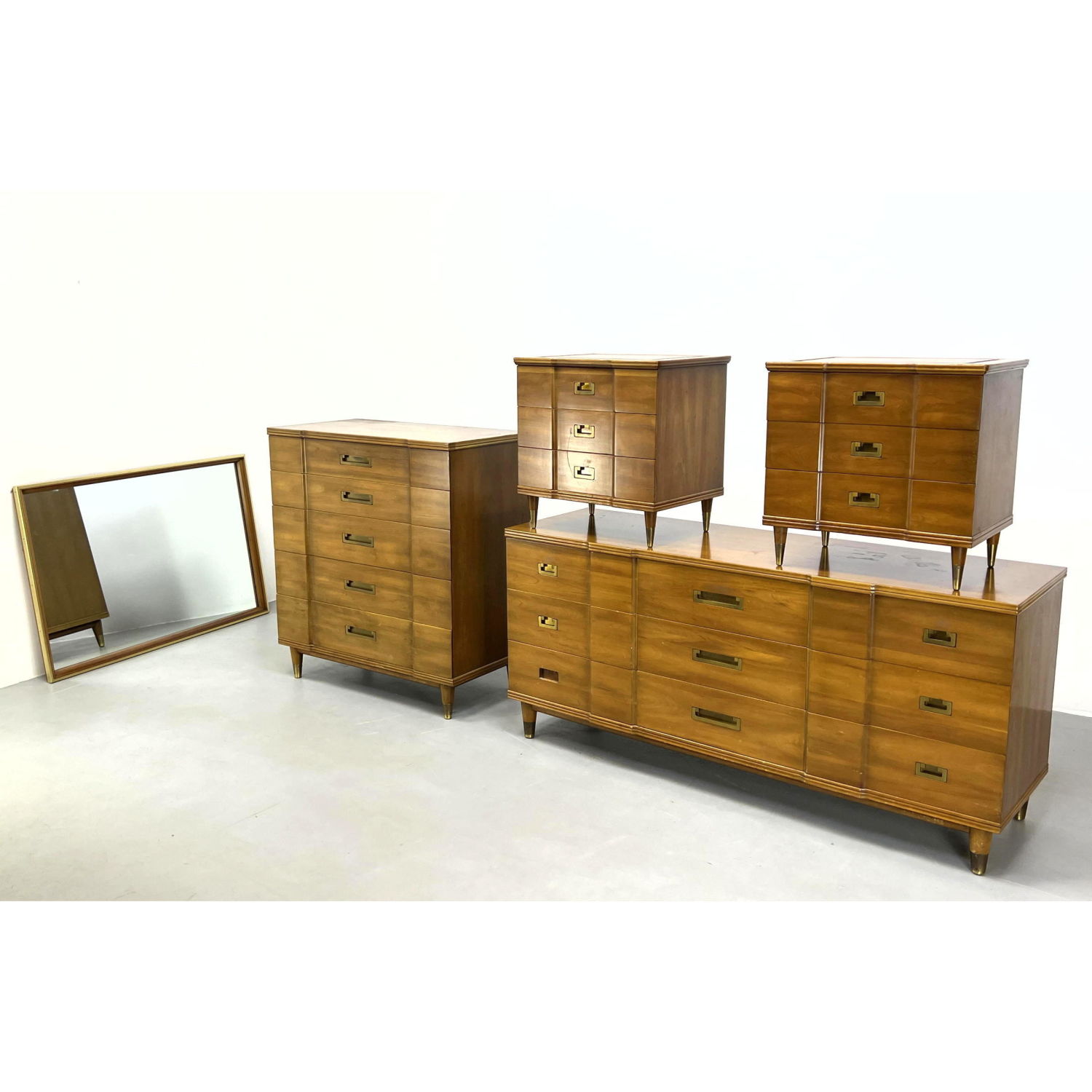 Appraisal: pc JOHN WIDDICOMB Campaign style Bedroom Set High Low Dresser