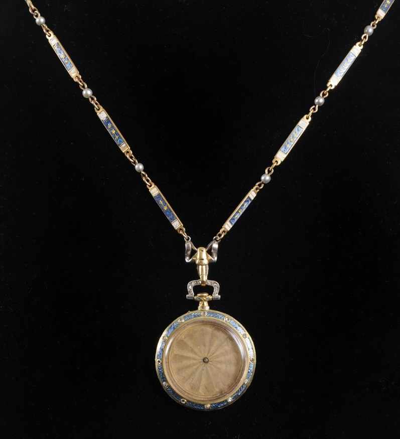 Appraisal: GOLD AND ENAMEL WATCH ON GOLD AND ENAMEL CHAIN Chain