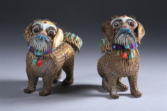 Appraisal: TWO CHINESE ENAMELLED AND EMBELLISHED VERMEIL FIGURES OF DOGS circa