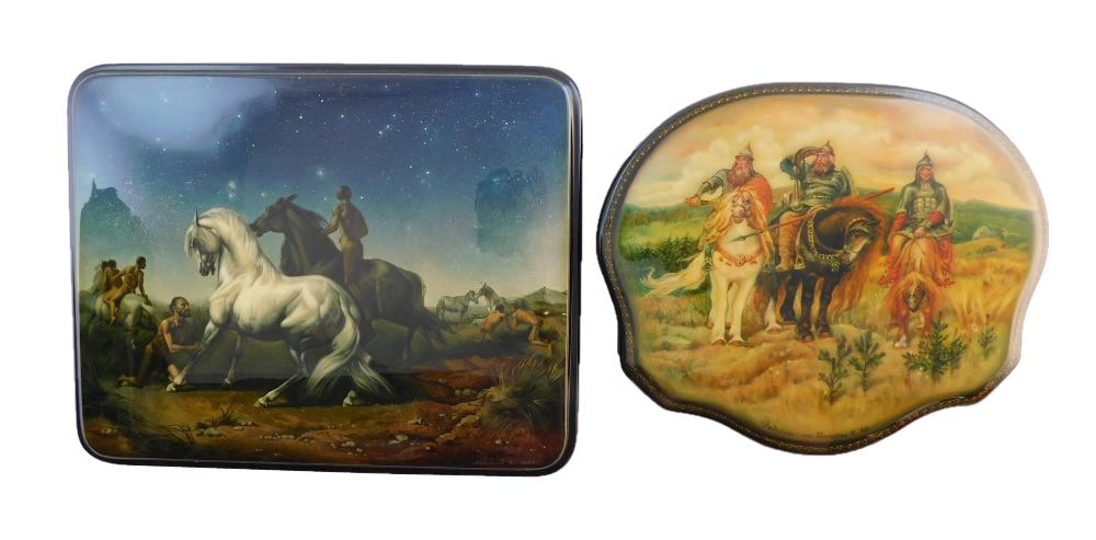 Appraisal: Russian hand-painted lacquer boxes two large pieces th C horse