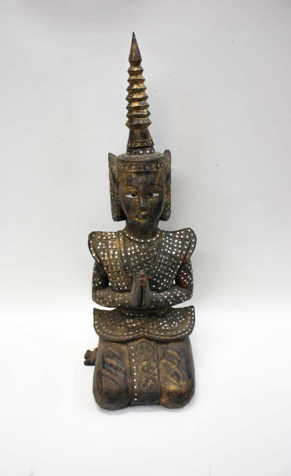 Appraisal: THAI CARVED WOOD FIGURAL SCULPTURE depicting Thepanom in kneeling seated